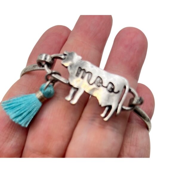 Jewelry - Cow Charm Silver Bangle Bracelet Moo Teal Tassel 7" Western Rancher Dairy Farmer